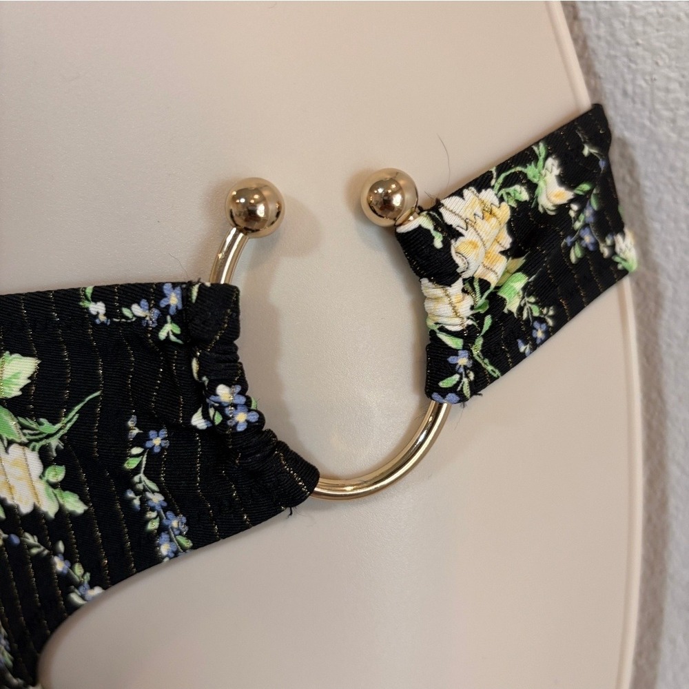 Aerie Floral Pinstripe Metallic Ring Cheeky Bikini Bottom Womens XS Black Swim - Picture 2 of 6